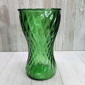 Vintage Green Glass Flower Vase Swirl Pattern Hourglass Shaped 8'' Tall